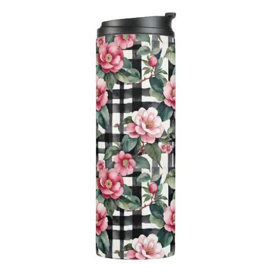 Schwarz-Weiß-Kariert mit grün-rosa Kamelien Thermosbecher (Nach links gedreht)