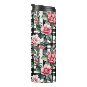 Schwarz-Weiß-Kariert mit grün-rosa Kamelien Thermosbecher
