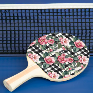 Schwarz-Weiß-Kariert mit grün-rosa Kamelien Tischtennis Schläger