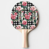 Schwarz-Weiß-Kariert mit grün-rosa Kamelien Tischtennis Schläger (Vorderseite)