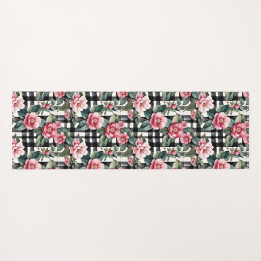 Schwarz-Weiß-Kariert mit grün-rosa Kamelien Yogamatte (Rückseite (Horizontal))
