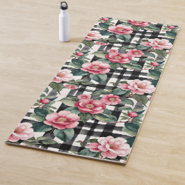 Schwarz-Weiß-Kariert mit grün-rosa Kamelien Yogamatte