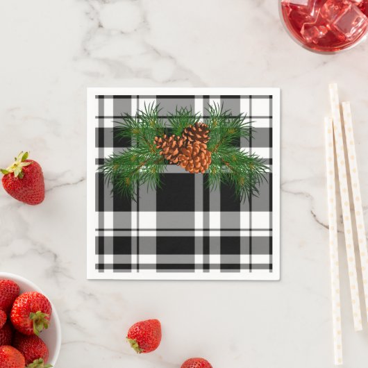 Schwarz-Weiß-Kariert mit Kiefernkegeldetails Serviette (Beispiel)
