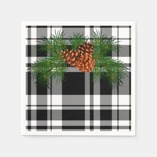 Schwarz-Weiß-Kariert mit Kiefernkegeldetails Serviette (Vorderseite)