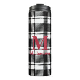 Schwarz-Weiß-Kariert mit Monogrammname Thermosbecher