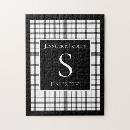 Schwarz-Weiß-Kariert-Monogramm-Hochzeit Puzzle (Vertikal)