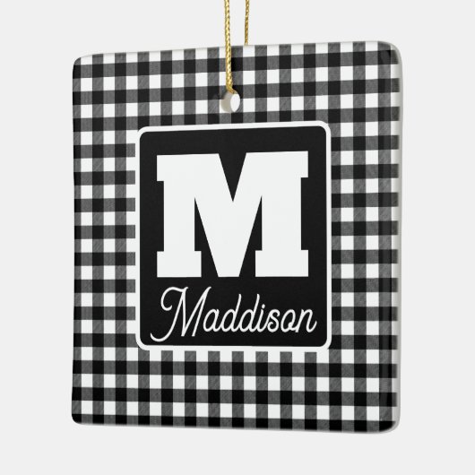 Schwarz/Weiß Kariert Monogramm Name Weihnachten Keramikornament (Links)