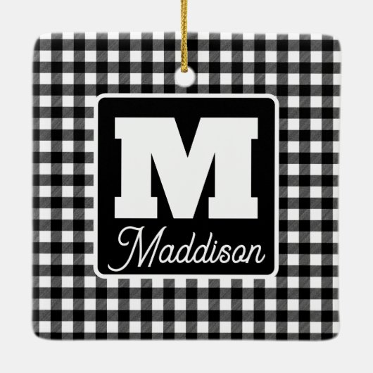 Schwarz/Weiß Kariert Monogramm Name Weihnachten Keramikornament (Rückseite)