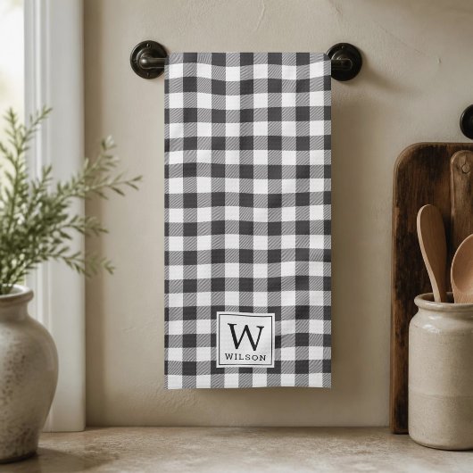 Schwarz-weiß karierter Büffel-Check-Monogramm-Weih Geschirrtuch