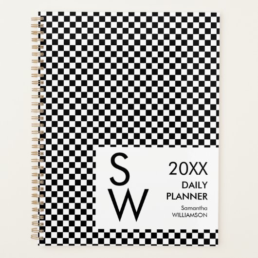 Schwarz-Weiß kariertes personalisiertes Monogramm Planer (Vorderseite)