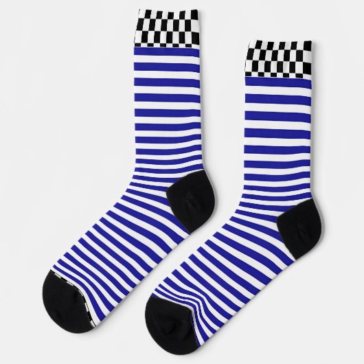 Schwarz + Weiß Karo Blauer Streifen Socken (Linkes Detail)
