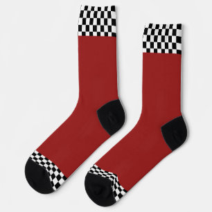 Schwarz + Weiß Karo Saum Dunkelrot Socken