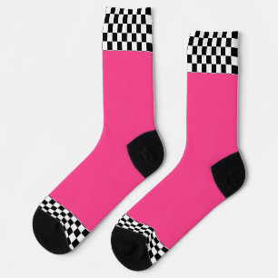 Schwarz + Weiß Karo Saum Hot Pink Socken