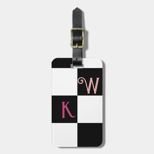 Schwarz-Weiß-Karo Zwei Initialen Monogramm Gepäckanhänger (Vorderseite vertikal)