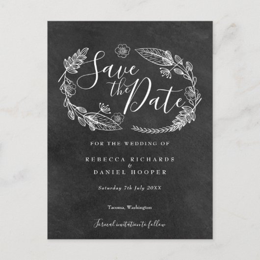 Schwarz-Weiß-Karton mit Blumenmuster Save the Date Postkarte (Vorderseite)