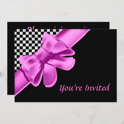 Schwarz-Weiß-Karton, rosa Bogen Einladung (Vorne/Hinten)