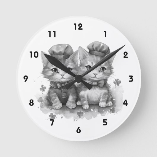 Schwarz-Weiß-Kätzchen mit Bogen-Krawatte und niedl Runde Wanduhr (Vorderseite)