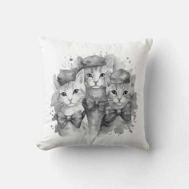 Schwarz-Weiß-Kätzchen mit Bogen und Hüten Kissen (Vorderseite)