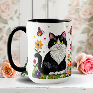 Schwarz-Weiß-Katze, Blumen und Schmetterlinge Tasse