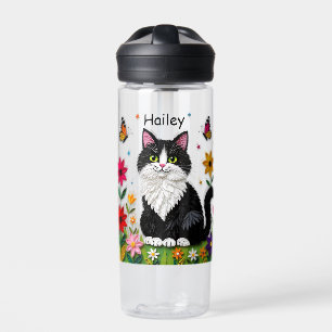 Schwarz-Weiß-Katze, Blumen und Schmetterlinge Trinkflasche