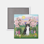 Schwarz-Weiß-Katze - Blüten Magnet (Vorderseite/Rückseite)
