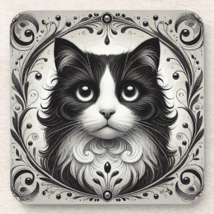 🐱 Schwarz-Weiß-Katze Glow ❄️ Elegantes Porträt Getränkeuntersetzer