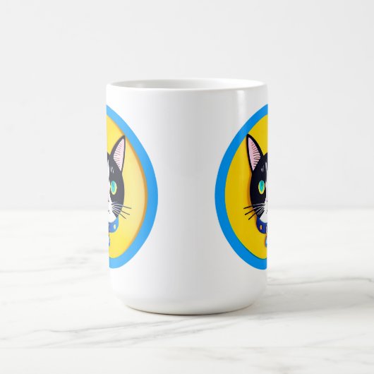 Schwarz-Weiß-Katze-Illustration mit blauen Augen Kaffeetasse (Mittel)