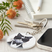 Schwarz-Weiß-Katze in einer Tuxedo- und Bow-Krawat Schlüsselanhänger (Vorderseite rechts)