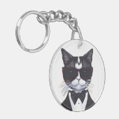 Schwarz-Weiß-Katze in einer Tuxedo- und Bow-Krawat Schlüsselanhänger (Vorderseite links)