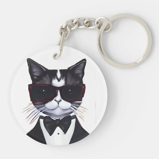 Schwarz-Weiß-Katze in einer Tuxedo- und Bow-Krawat Schlüsselanhänger (Rückseite)