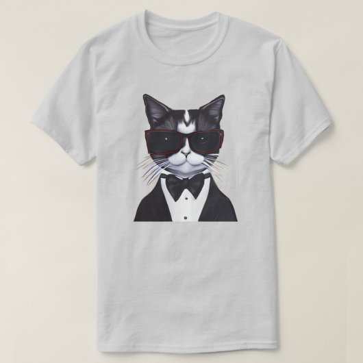 Schwarz-Weiß-Katze in einer Tuxedo- und Bow-Krawat T-Shirt (Design vorne)