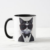 Schwarz-Weiß-Katze in einer Tuxedo- und Bow-Krawat Tasse (Links)