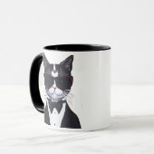 Schwarz-Weiß-Katze in einer Tuxedo- und Bow-Krawat Tasse (Vorderseite Links)