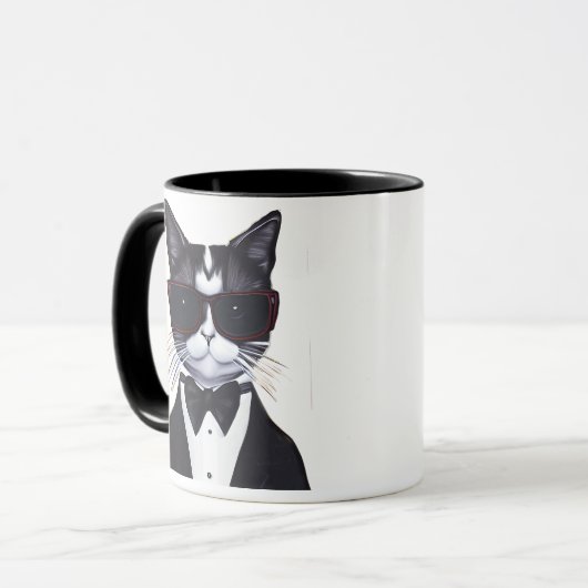 Schwarz-Weiß-Katze in einer Tuxedo- und Bow-Krawat Tasse (Vorderseite Links)