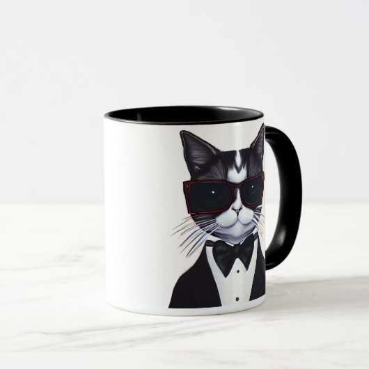 Schwarz-Weiß-Katze in einer Tuxedo- und Bow-Krawat Tasse (VorderseiteRechts)