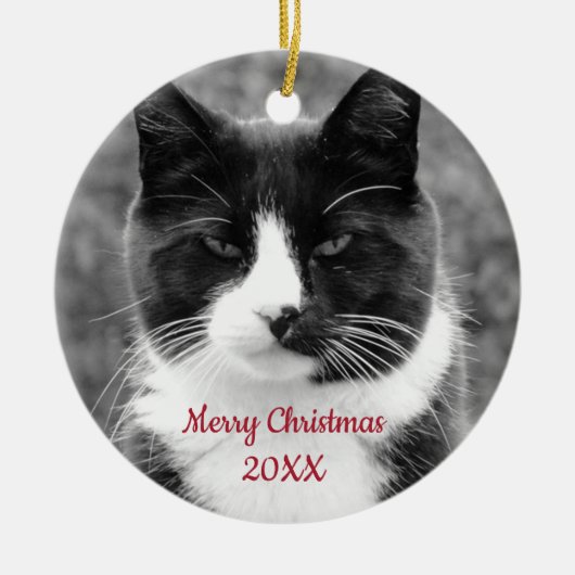 Schwarz-Weiß-Katze individuell einstellbar Keramik Ornament (Vorne)