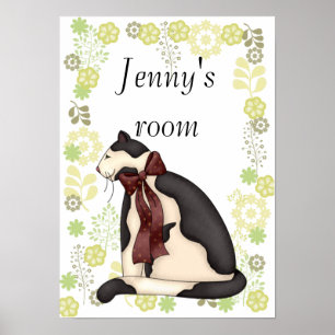 Schwarz-weiß-Katze mit Blumenrand Poster