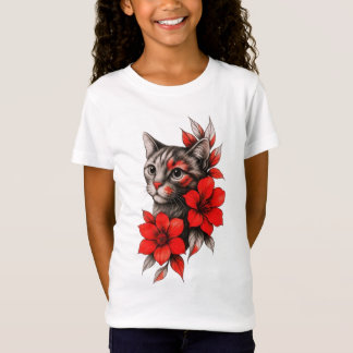 Schwarz-Weiß-Katze mit hellroten Blüten für Kleink T-Shirt