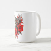 Schwarz-Weiß-Katze mit hellroten Blüten Kaffeetasse (VorderseiteRechts)