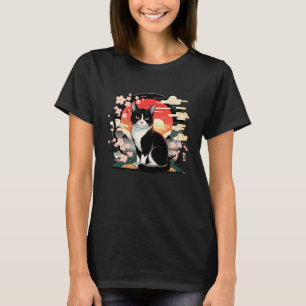 Schwarz-Weiß-Katze mit Kirschblüten und Sonnenunte T-Shirt