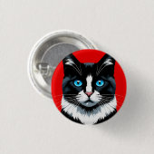 Schwarz-Weiß-Katze mit lebhaften blauen Augen Button (Vorne & Hinten)