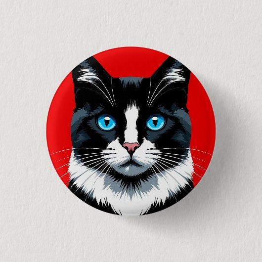 Schwarz-Weiß-Katze mit lebhaften blauen Augen Button (Vorderseite)