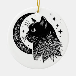 Schwarz-Weiß-Katze Mond Fenster Sonnenschutz Keramik Ornament