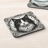 Schwarz-Weiß-Katze-Portrait Getränkeuntersetzer (Linke Seite)