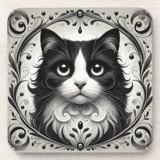 Schwarz-Weiß-Katze-Portrait Getränkeuntersetzer (Vorderseite)