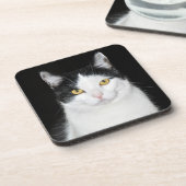 Schwarz-Weiß-Katze-Portrait Getränkeuntersetzer (Linke Seite)