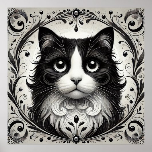 Schwarz-Weiß-Katze-Portrait Poster (Vorne)