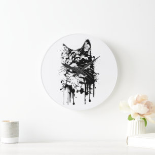 Schwarz-weiß-Katze Spritzer Große Wanduhr