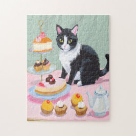 Schwarz-Weiß-Katze, Tee und Gebäck Puzzle