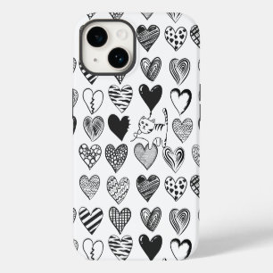 Schwarz-Weiß-Katze und Herz-Muster iPhone 14 Hülle